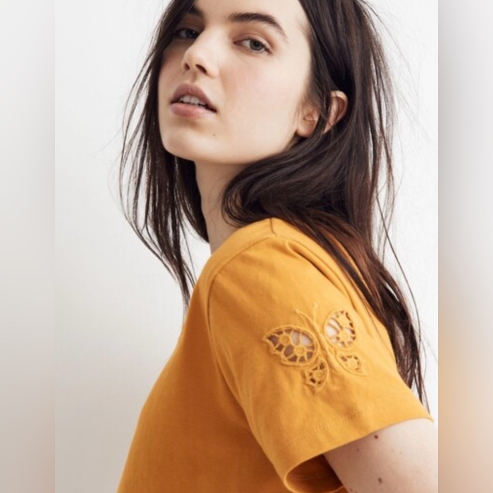 Madewell Yellow Butterfly Embroidered Eyelet Setlist Boxy Tee